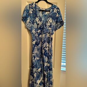 Blue and White Tropical Print Dress